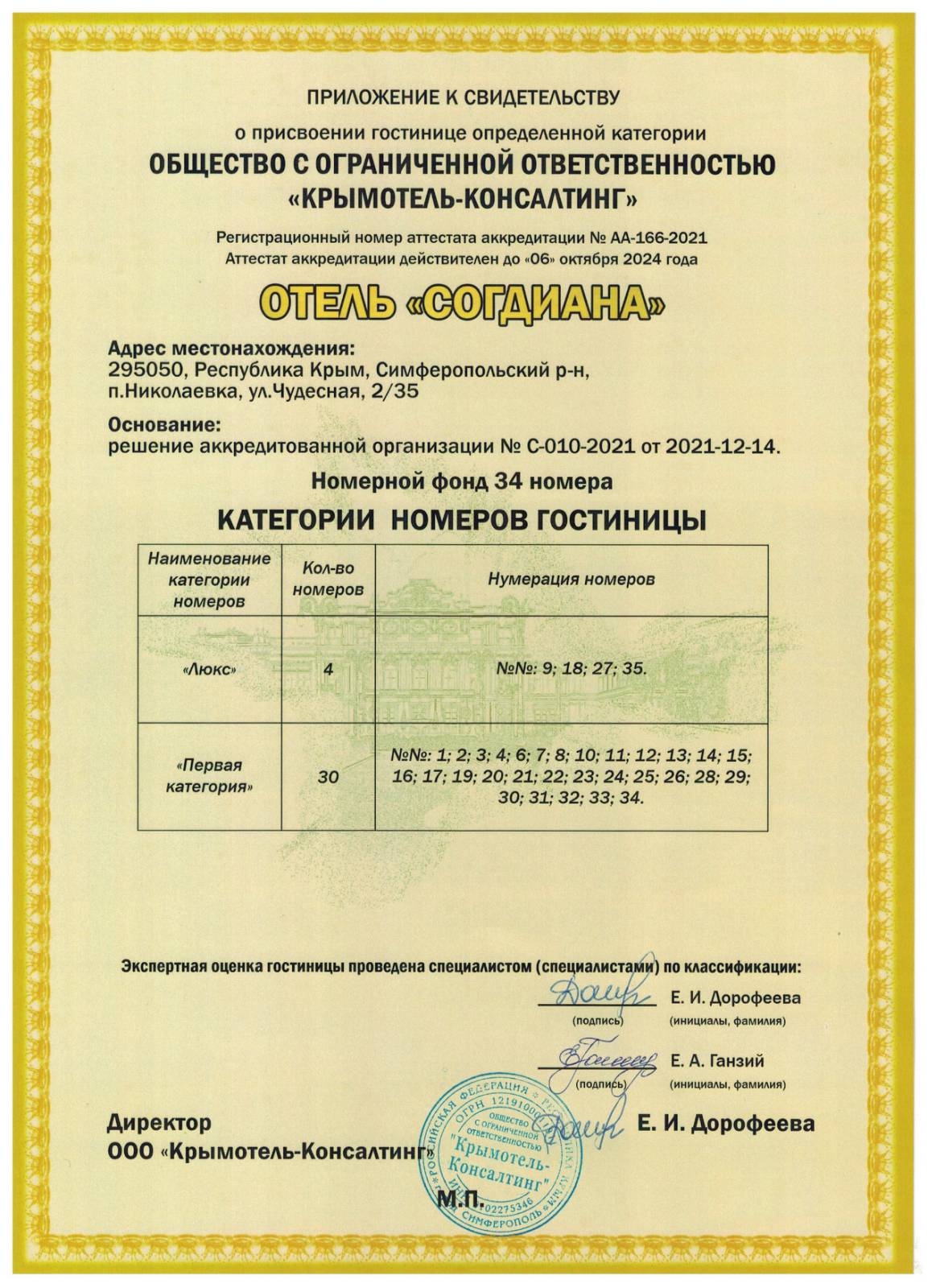 Сертификат звездности отеля «Согдиана» фото